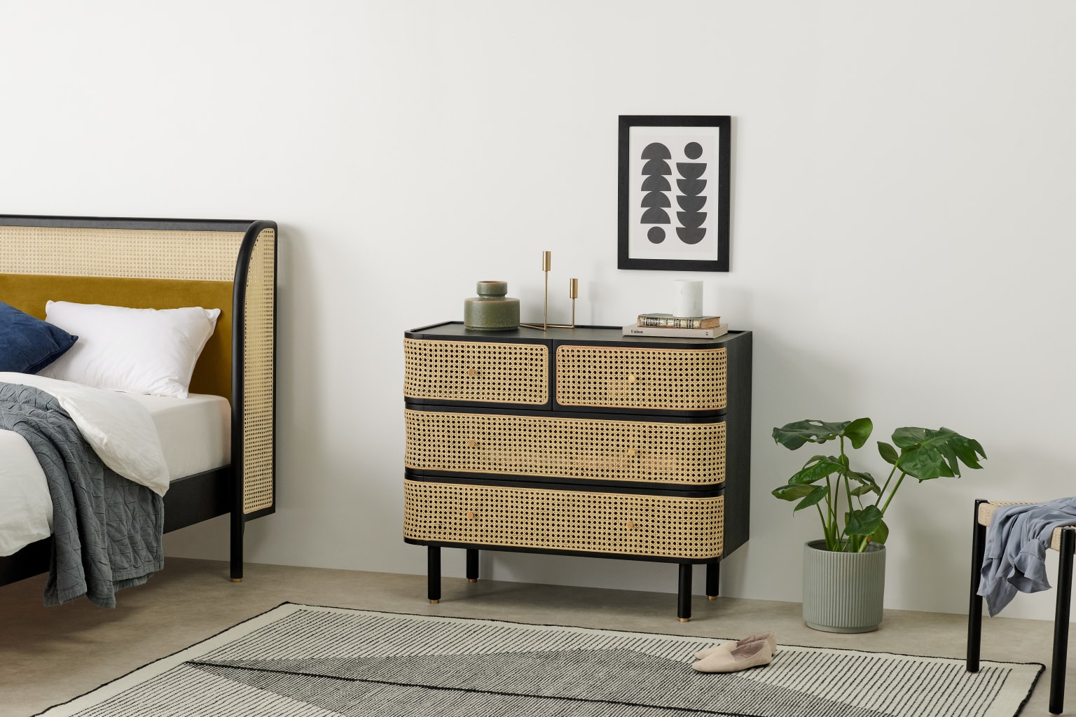 Rattan and oak chest of drawers