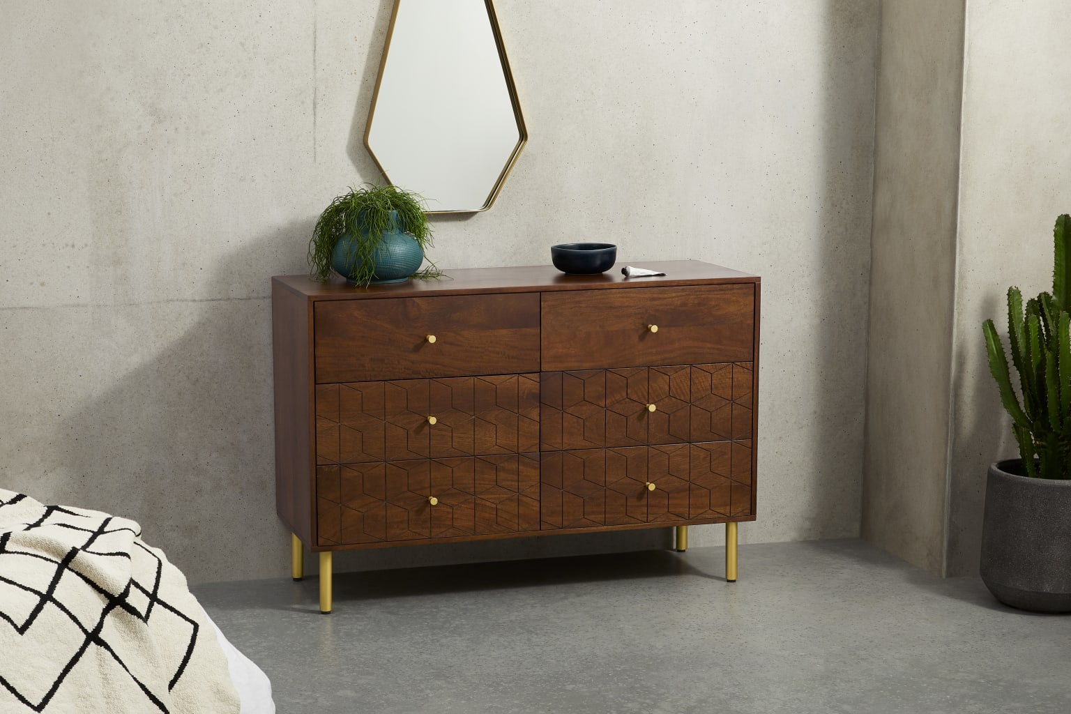 Mango wood and brass chest of drawers