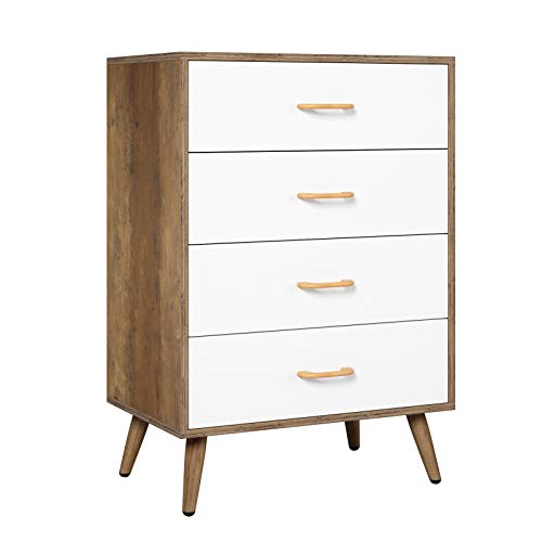 HOMECHO Chest of 4 Drawers for Storage Night Dresser for Living Room Bedroom White and Brown Wood Bedroom Furniture 60 x 38.5 x 86.5 cm