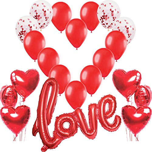 Romantic Balloon Kit, Love XXL Balloon, 6 Red Heart Helium Balloons, 4 Confetti Balloons, 10 Latex Balloons Romantic Decoration Valentine's Day Wedding Bridal Anniversary and Engagement