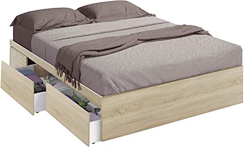 Mobelcenter - Kendra bed with 4 drawers for 150x190 cm mattresses - Double bed with Canadian Oak Color Finish - Measurements: Width: 156 cm x Depth: 196 cm x Height: 37 cm (Canadian Oak) - (1104)