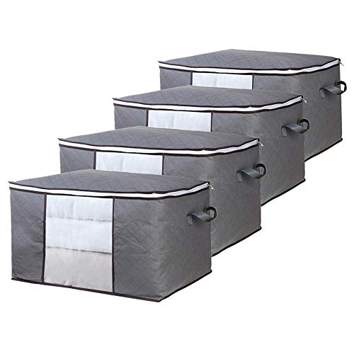 GoMaihe Clothes Storage Boxes 4 Pieces, Large Capacity Non Woven Under Bed Storage Container, 60x40x35cm Sports Bag with Tongue Chain, Quilt Duvet, Blanket, Gray