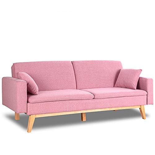 Don Descanso, Reine 3 Seater Sofa Bed, Upholstered in Fabric, Pink Color, Book Opening System or Click-clack, Sofa Measure: 206x74x83 cm, Bed Measure: 206x99x83 cm, Includes 2 Cushions