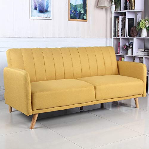 Mustard Clic Clac 3 Seater Sofa Bed upholstered with 100% Polyester Fabric, Wooden Legs