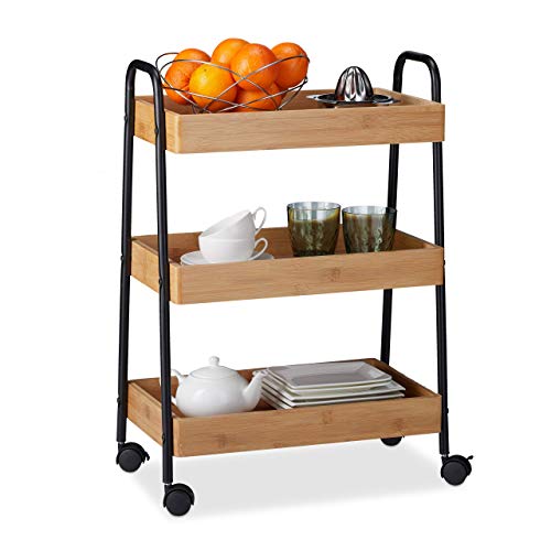 Relaxdays Waitress with 3 Shelves, Handles and 360º Rotating Wheels, Metal, Brown and Black, 70 x 49 x 28 cm