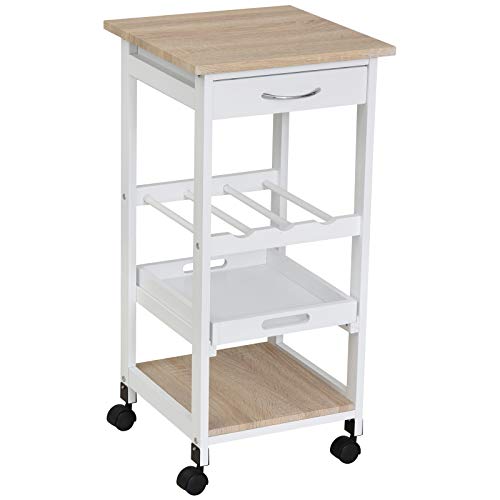 HOMCOM Kitchen Cart 4 Tier Service Cart with Swivel Wheels Drawer Shelves Bottle Storage for Kitchen Living Room Dining Room 37x37x76 cm White