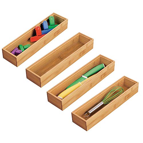 mDesign Kitchen Organizer Box Set of 4 - Rectangular Bamboo Storage Box for Drawers - Stackable Wooden Organizer for Storage of Cutlery and Kitchen Utensils - Natural Color