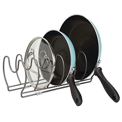 mDesign Holder for pans, lids and saucepans - Compact pot lid organizer for kitchen cabinets - Metal utensil shelf - Space saving - graphite color