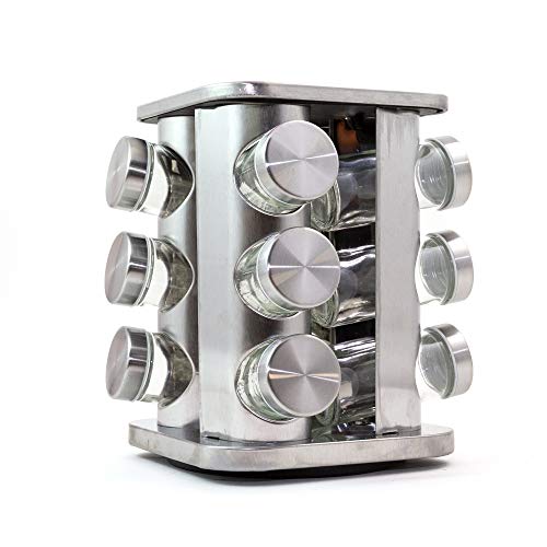 NATURAL LOGISTICS Stainless Steel Swivel Kitchen Spice Rack (12 Bottles).  Kitchen Organizer with Spice Jars Included.  Metal Shelving for Accessories, Kitchen Cans.  Kottao