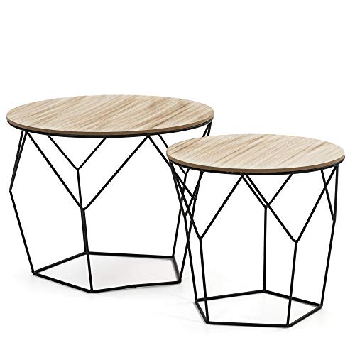 VS Sale-stock Set of 2 Tokyo Coffee Coffee Tables with Natural Wood Top and Metal Structure in Black