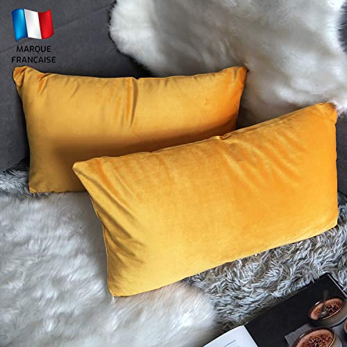 Douceur De Plumes Set of 2 Yellow Mustard Orange cushion covers 30x50 Decorative Velvet Smooth, Soft and Modern Square Pillowcase, decoration Living room, sofa (2 Yellow Mustard Orange)