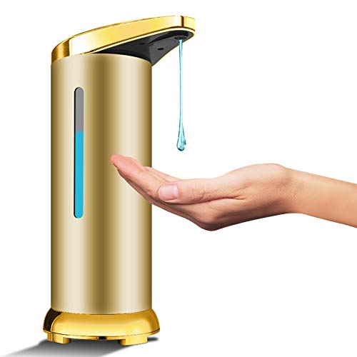 Bigmeda Automatic Stainless Steel Soap Dispenser, Non-Contact Disinfectant Dispenser with Infrared Sensor, Adjustable Switch and Waterproof Base, Kitchen Bathroom (Matte Gold)