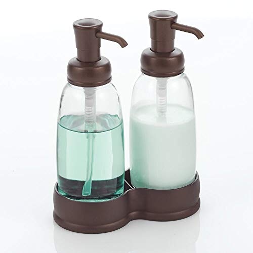 mDesign Double Soap Dispenser - Elegant Glass Bathroom Dispensers - Refillable Soap, Lotion and Hand Cream Dispenser - Clear and Bronze