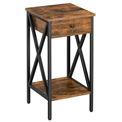 VASAGLE Nightstand, Side Table, Side Table with Drawer and Storage Shelf, Industrial Style, Rustic Brown and Black LET501B01