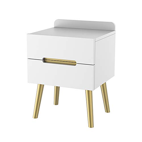 ZZBIQS Wooden Bedside Table White 2 Drawer Bedside Table Modern Small Bedside Table for Bedroom (White and Gold)