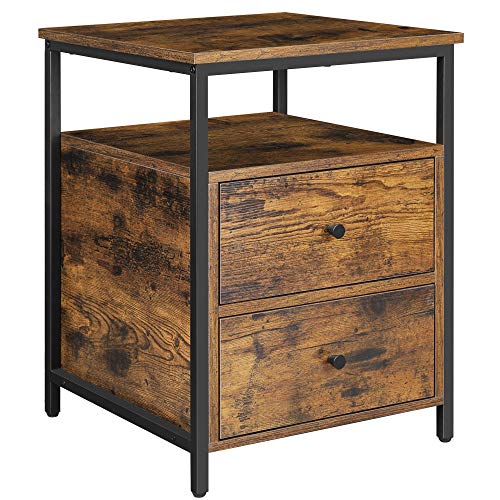 VASAGLE Bedside Table, Side Table, 45 x 45 x 60 cm, Open Shelf, 2 Drawers, for Living Room, Bedroom, Rustic Brown and Black LET067B01