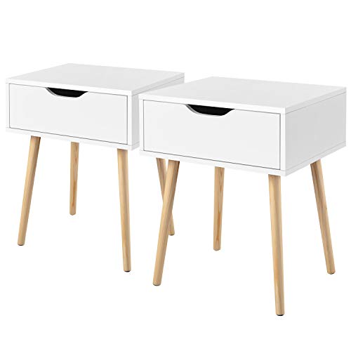 Yaheetech 2 x White Nightstands with Drawer 48.5 x 41 x 57.5 cm Nordic Style Wood Side Table for Bedroom Living Room Living Room