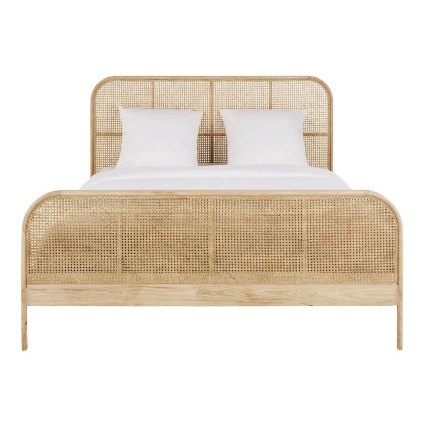 vintage bed in solid oak and rattan