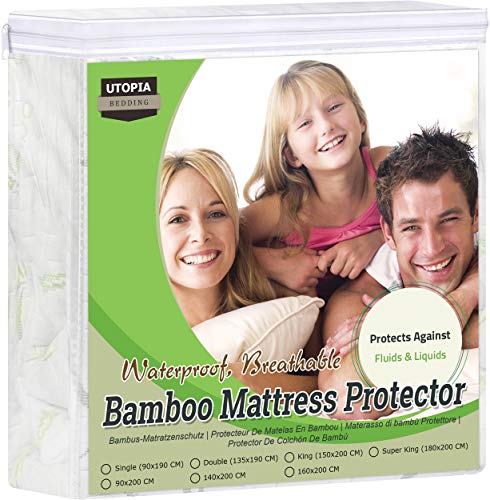 Utopia Bedding Premium Bamboo Mattress Protector Waterproof, Mattress Cover, Breathable, Fitted Style On All Sides Elastic (90 x 190 x 30 cm)