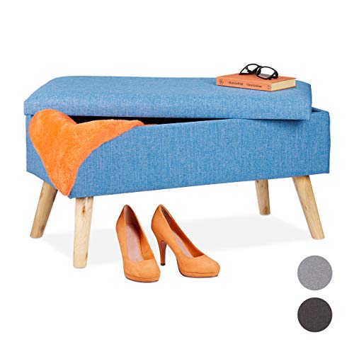 Relaxdays Storage Space, Padded Bench, Modern, Wooden Legs, Fabric Cover, 39 x 77 x 39 cm, Color Blue, 1 Unit