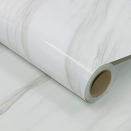 AWNIC Kitchen Countertop Adhesive Vinyl Adhesive Paper for Furniture White Marble Waterproof Stickers for Lining Furniture Tables Cupboards 500X61cm