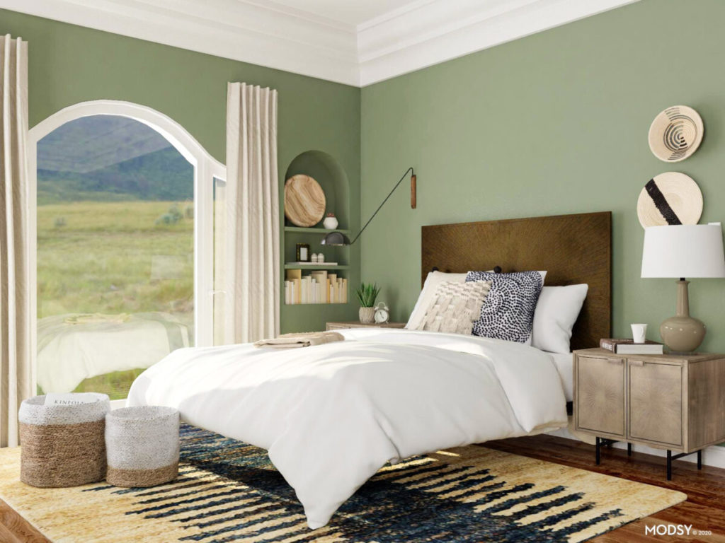 Bedroom with olive green walls suggestive proposals