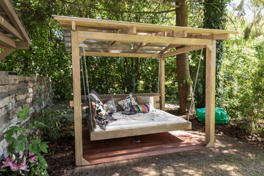 wooden garden swing with sun lounger