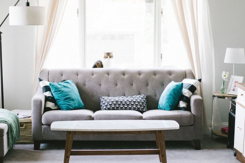 gray sofa blue pillows