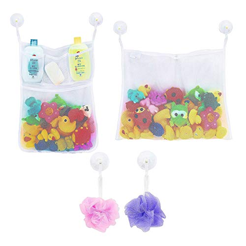 LEEFE 2 x Mesh Net, Bath Toy Organizer, Storage Bag Holder with Suction Cup with 6 Strong Hook for bathroom and bathtub