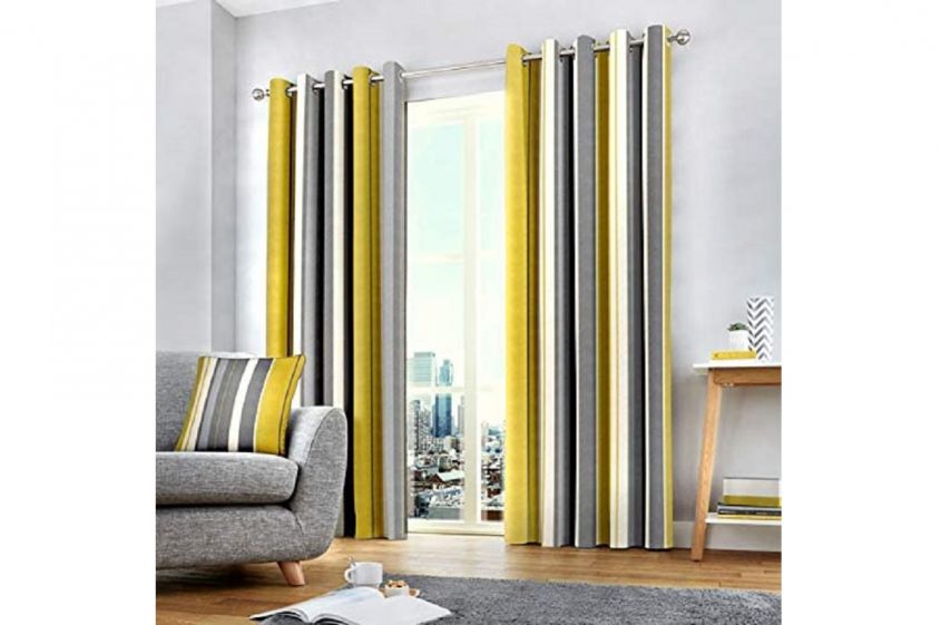 yellow and gray striped design interior curtains