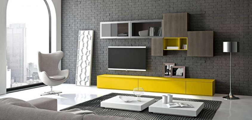 furnish modern living room wall unit with yellow details