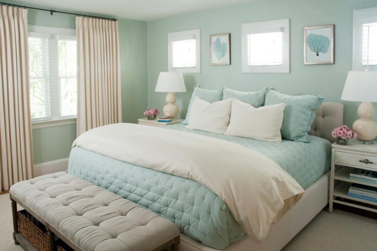 Bedroom Decor Grey Bed Against Seafoam Green Wall
