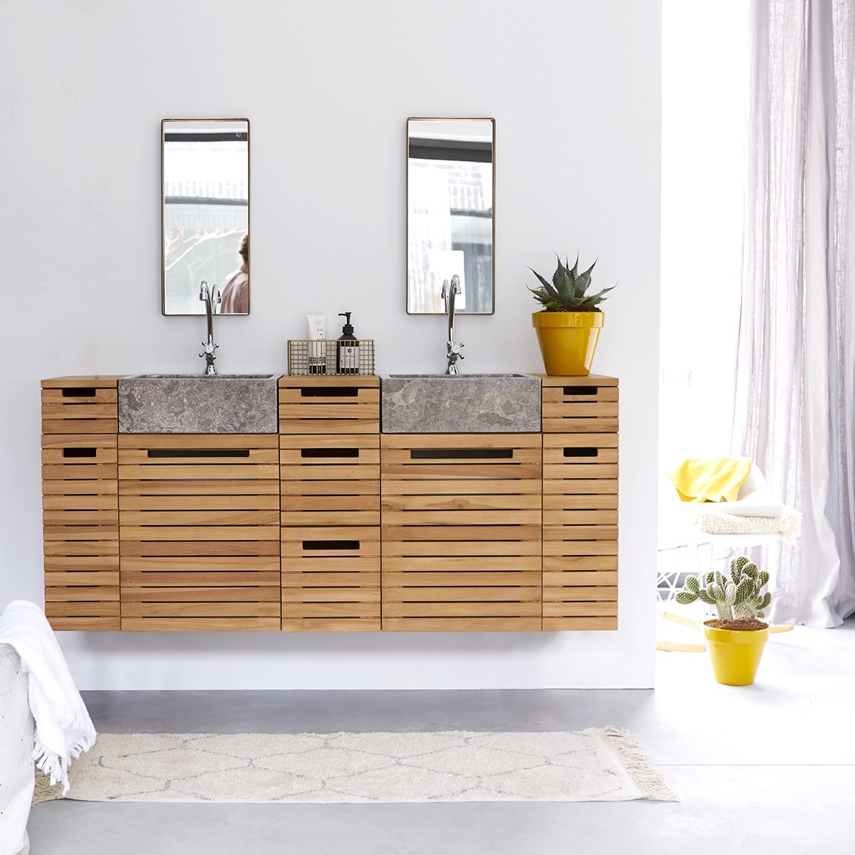 Solid Teak Bathroom Cabinet with 150 Slats Marble Basin