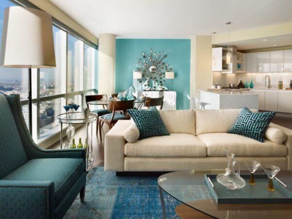 Living room teal walls