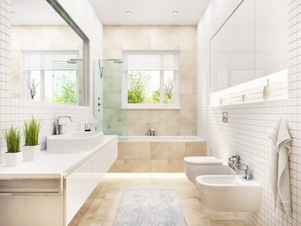 Cream-colored bathroom walls