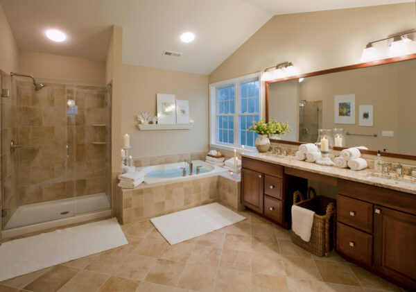 Cream-colored bathroom walls