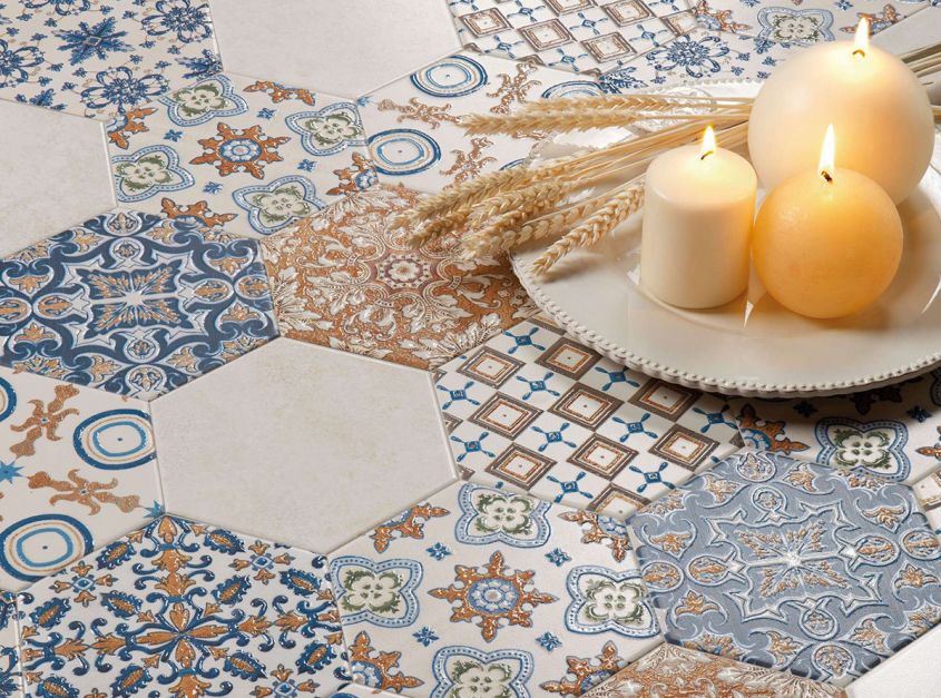 The hexagonal cement tiles for the top of a table