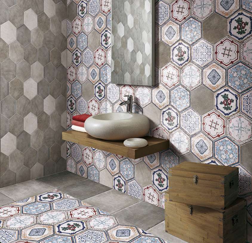 The hexagonal cement tiles for an original decoration