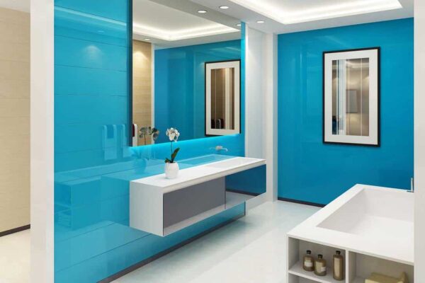 Blue colored bathroom walls