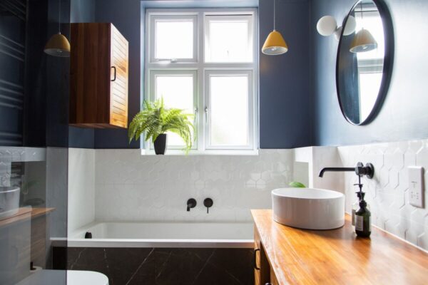 Blue colored bathroom walls