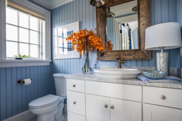 Blue colored bathroom walls