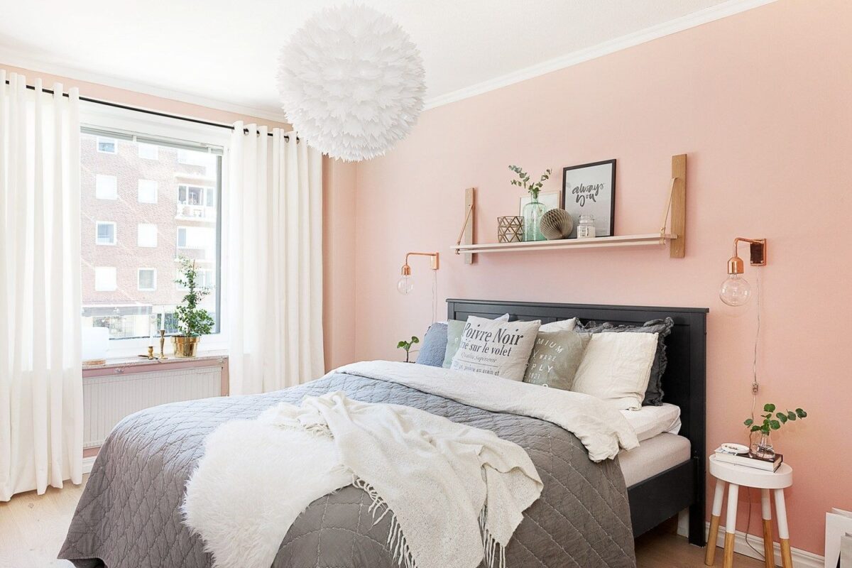 Apricot-colored bedroom walls