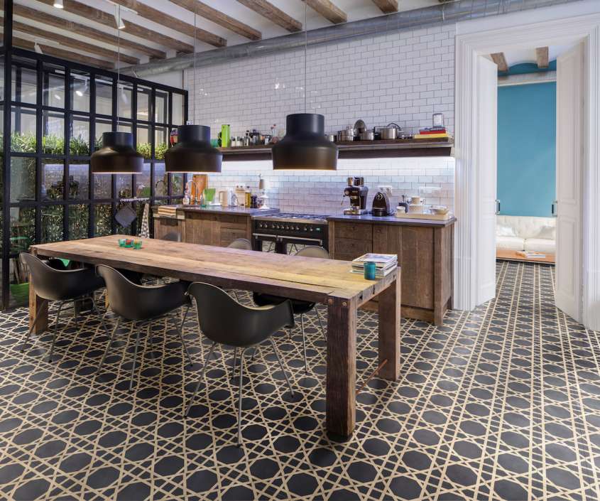 Cement tiles in Bisazza's kitchen