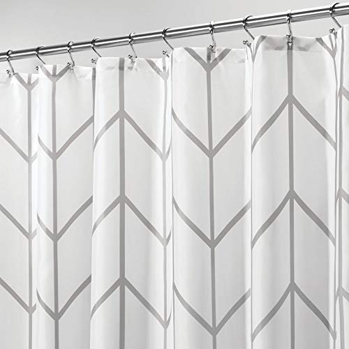 mDesign Polyester Shower Curtain - Modern Bathroom Accessory for Shower - Herringbone Pattern Waterproof Shower Curtains - 183cm x 183cm Bathroom Curtains - Gray / White