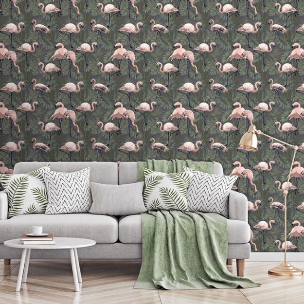 Pink and green flamingos and ferns wallpaper