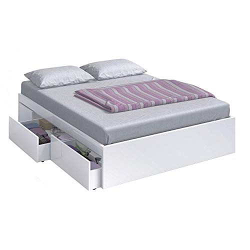 Bed Structure with 4 Drawers, Double Bed, Kendra Model, Finished in Artik White Color, Measurements: 156 cm (Width) x 196 cm (Depth) x 37 cm (Height)