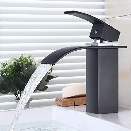 BONADE Black Waterfall Basin Faucet Single Handle Bathroom Tap Waterfall Basin Mixer Hot and Cold Water Brass Basin Faucet