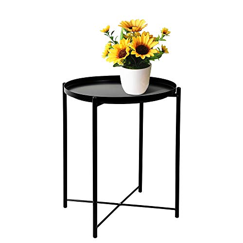 Side Table with Removable Tray, 40kg Max Load Capacity Small Round Nightstand Sofa Table Coffee Table Metal Side Table for Living Room Outdoor Bedroom (Black)