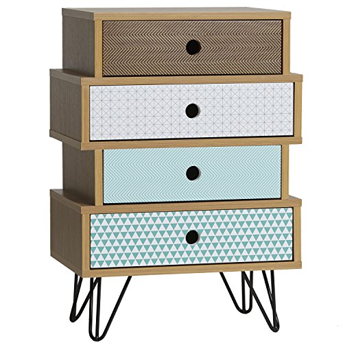 VS Sale-stock Bedside Table Buddha 4 Drawers Multicolor, Oak Color, Metal Legs in Black