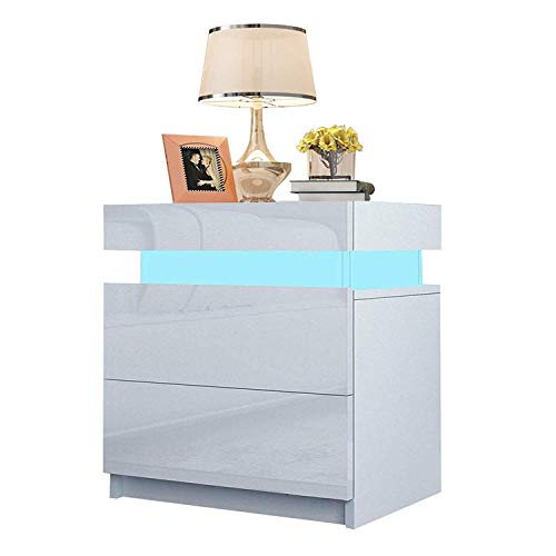 YOLEO Glossy Bedroom Bedside Table (45x35x52 cm), with LED Strips, 2 Chipboard Drawers, for Bedroom, Modern Side Table, Glossy White